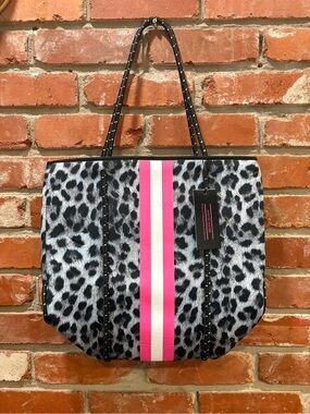 NWT Haute Shore Greyson Leopard Neoprene Tote Bag Pink Stripe Pouch Set Large